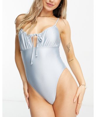 South Beach shiny tie front high rise swimsuit in silver