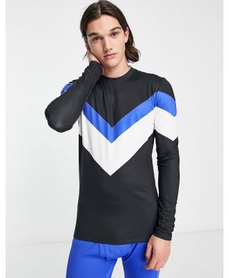 South Beach ski fleece back long sleeve v stripe top in blue-Black