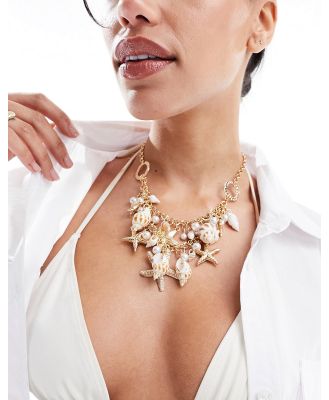 South Beach Under The Sea starfish and shell embellished statement necklace in gold