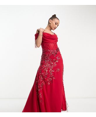 Starlet bardot maxi dress with thigh split in red floral lace with bead fringe