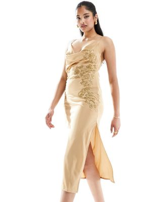 Starlet embellished satin maxi dress with lace up back in gold