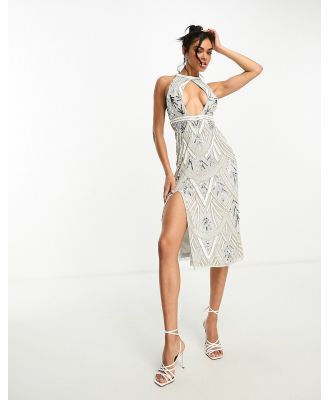 Starlet high neck midi dress with silver embellishment in grey