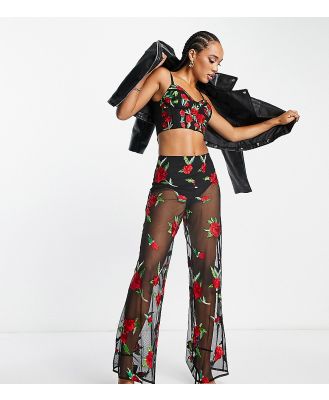 Starlet high waist flare pants in sheer rose embroidery (part of a set)-Black