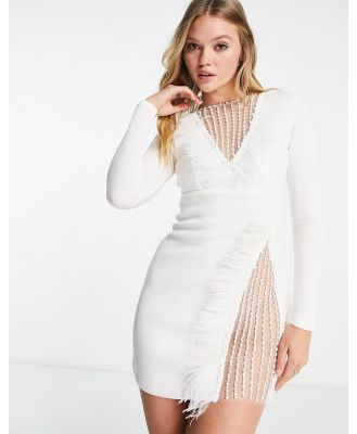 Starry Eyed premium embellished trim mini cut out pencil dress with faux feather trims in white-Neutral