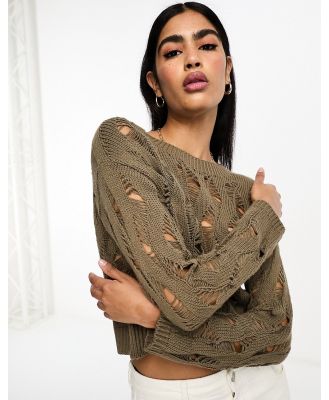 Stradivarius destroyed open knit jumper in taupe-Neutral