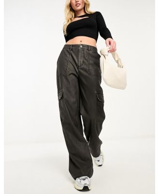 Stradivarius faux leather cargo pants in washed black