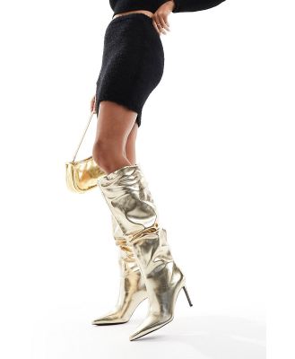 Stradivarius metallic knee high stiletto boots in gold