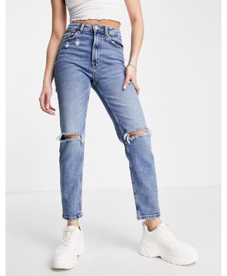 Stradivarius slim mom jeans with stretch and rip in authentic blue