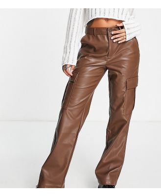 Stradivarius STR faux leather straight leg cargo pants in brown