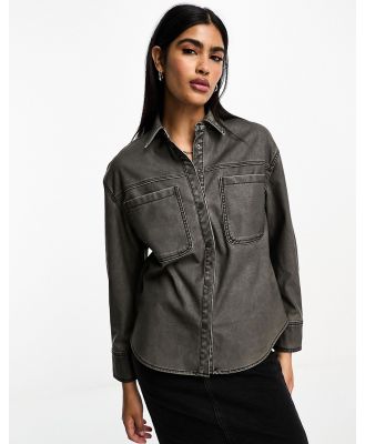 Stradivarius washed faux leather shirt in black