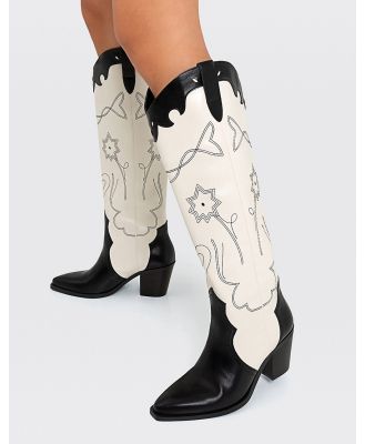Stradivarius western boots in black and white with embroidery detail