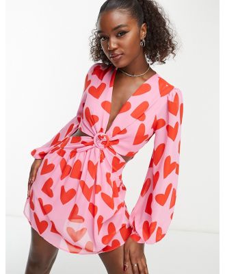 Style Cheat balloon sleeve mini dress in red and pink heart-Multi
