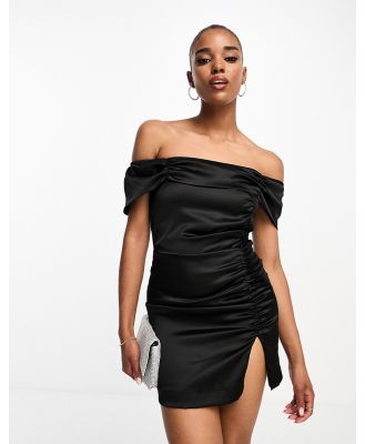 Style Cheat bardot satin ruched mini dress in black