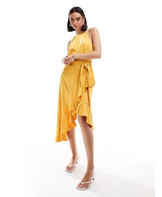 Style Cheat halterneck ruffle midi dress in marigold-Yellow