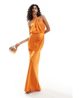 Style Cheat halterneck satin maxi dress in orange