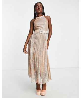 Style Cheat high neck pleated metallic midaxi dress in rust-Brown