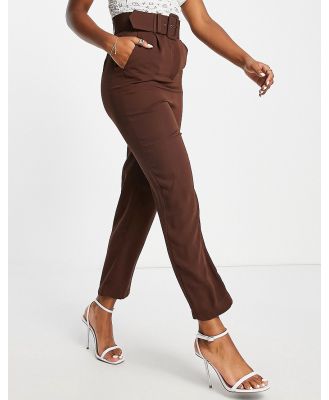 Style Cheat high waisted tailored pants with buckle in chocolate-Brown