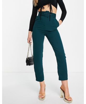 Style Cheat high waisted tailored pants with buckle in emerald-Green