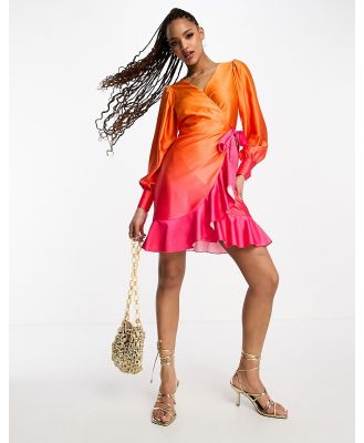 Style Cheat ombre satin wrap mini dress in orange and pink-Multi