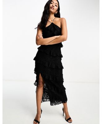 Style Cheat ruffle maxi dress with split in black lace