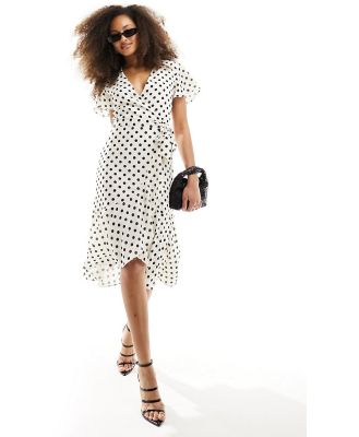 Style Cheat wrap midi dress with frill detail in mono spot-Multi
