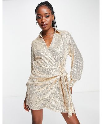 Style Cheat wrap tie sequin shirt dress in champagne-Neutral