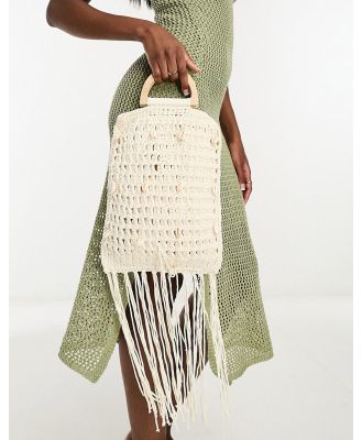 SVNX macrame bag with tassels and shell detail in cream-White