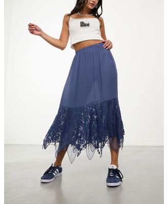 Tammy Girl boho midi skirt with lace distressed hem-Blue