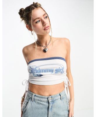 Tammy Girl graphic bandeau crop top with ruched tie sides in white