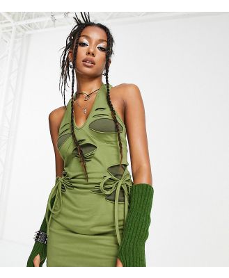 Tammy Girl halterneck mini bodycon dress with cut out overlay detail in khaki-Green