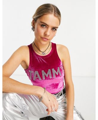 Tammy Girl racer back velvet crop top with rhinestone logo-Pink