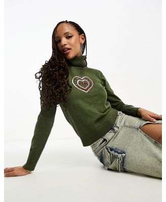 Tammy Girl retro roll neck jumper with sequin heart logo-Green
