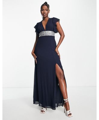 TFNC Bridesmaid chiffon maxi dress with flutter sleeve and embellished waist in navy