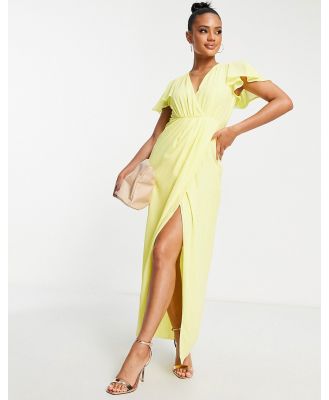 TFNC Bridesmaid chiffon wrap front maxi dress with flutter sleeve in lemon yellow