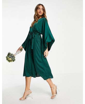 TFNC Bridesmaid kimono sleeve satin wrap midi dress in emerald green