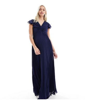 TFNC Maternity Bridesmaid chiffon maxi dress with flutter sleeve and pleated skirt in navy-Blue