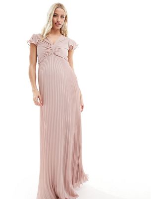 TFNC Maternity Bridesmaid chiffon maxi dress with flutter sleeve and pleated skirt in soft pink