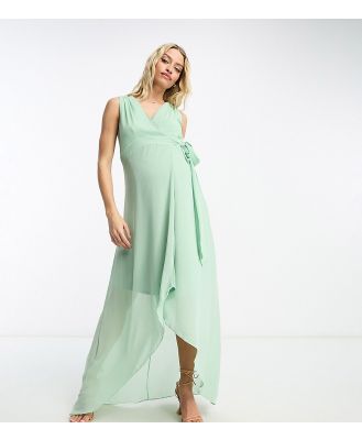 TFNC Maternity Bridesmaid chiffon wrap maxi dress in sage green-Brown