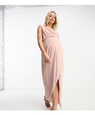 TFNC Maternity Bridesmaid chiffon wrap maxi dress with cowl neck front and back in mauve-Pink
