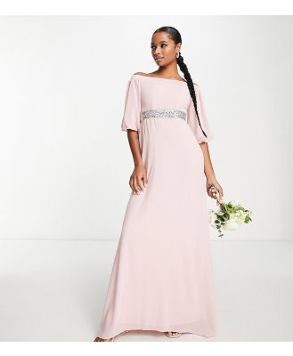 TFNC Petite bardot chiffon maxi dress with embellished waist in mauve-Pink