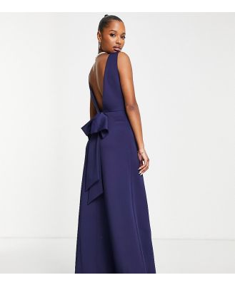 TFNC Petite Bridesmaid bow back maxi dress in navy blue