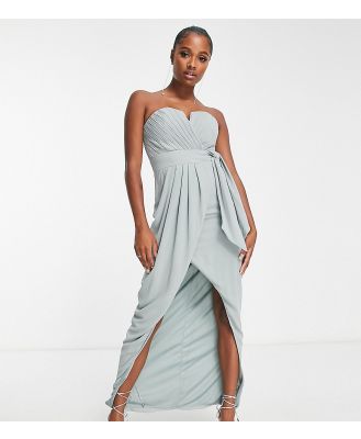 TFNC Petite bridesmaid exclusive bandeau wrap midaxi dress with pleated detail in sage-Green