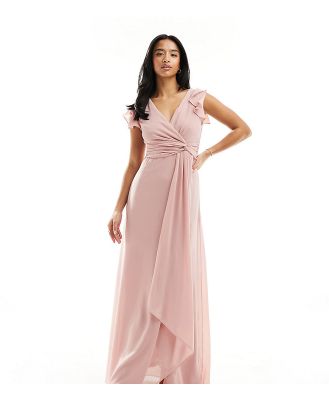 TFNC Petite Bridesmaid flutter sleeve ruffle detail maxi dress in blush-Pink