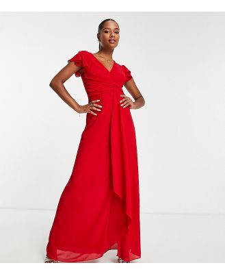 TFNC Petite Bridesmaid flutter sleeve ruffle detail maxi dress in red