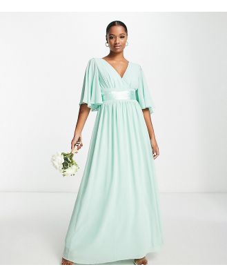 TFNC Petite Bridesmaid kimono sleeve pleated maxi dress with angel sleeve in fresh sage-Green