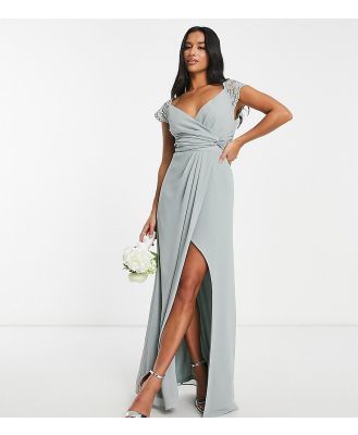 TFNC Petite Bridesmaid lace back maxi dress in sage green