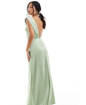 TFNC Petite Bridesmaid satin one shoulder drape maxi dress in sage-Green