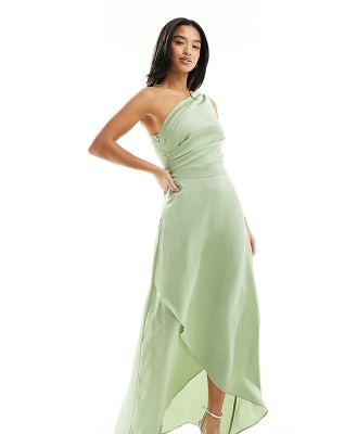 TFNC Petite Bridesmaid satin one shoulder maxi dress with wrap skirt in sage-Green