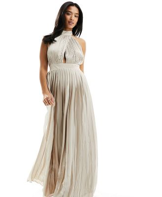 TFNC Petite Bridesmaid satin pleated halterneck maxi dress with full skirt in champagne-Gold