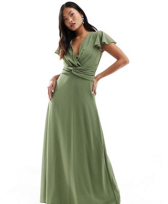 TFNC Petite Bridesmaid wrap front maxi dress in dark green